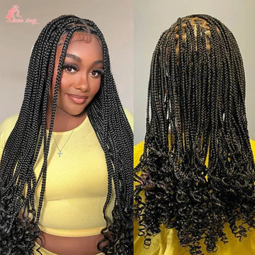 Front and back view of woman with long, black box braids curled at ends wearing a yellow top