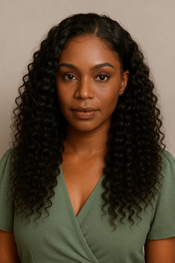 Portrait of woman with long curly black hair wearing a green V-neck top against a beige background