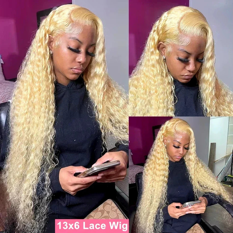 Woman wearing long blonde 13x6 lace wig with wavy hair, styled edges, sitting and using phone indoors