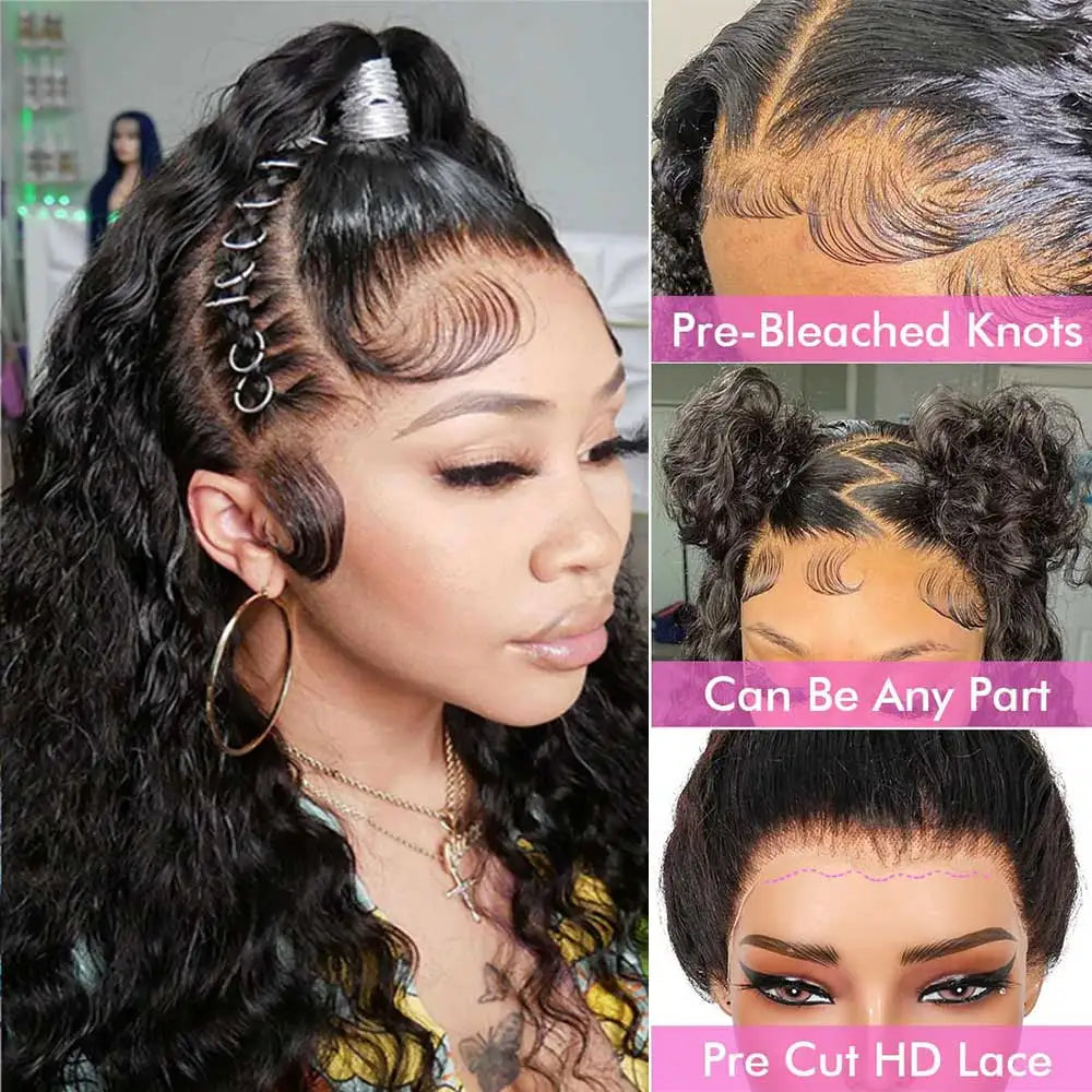Invisible Strap 360 HD Full Lace Wig Human Hair Pre Cut Lace 250 Density Deep Curly 360 Lace Front Wig Preplucked Glueless Wig
