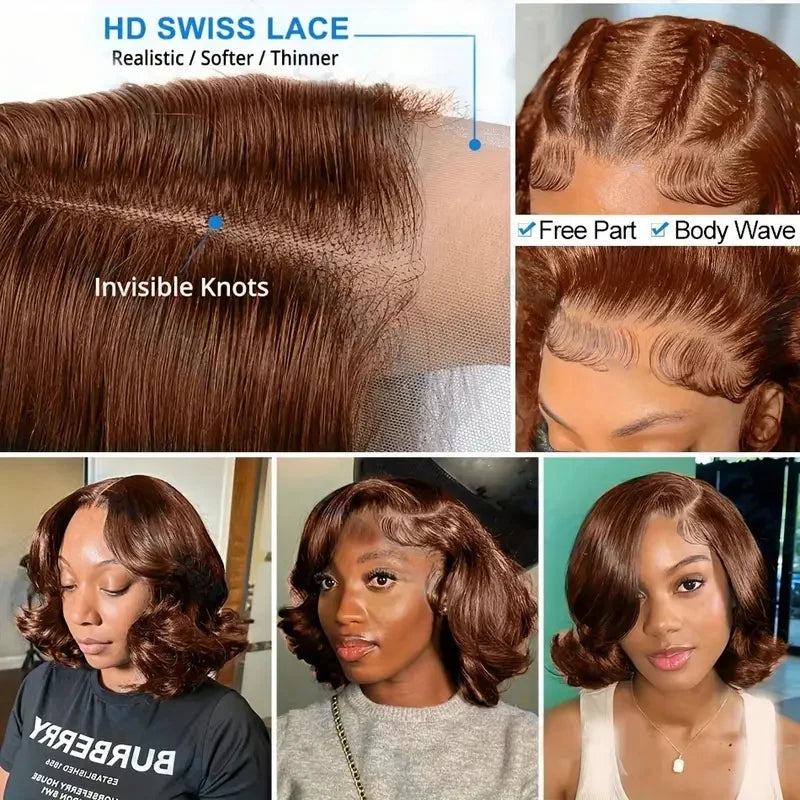 250% Plus 13x6 HD Lace Short Bob Glueless Wigs #4 Chocolate Brown Body Wave Human Hair Lace Front Wigs Skin Melt HD Lace Wigs