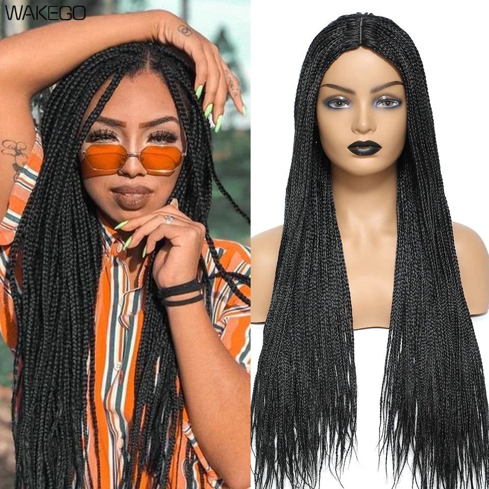 Wakego Box Braided Wigs for Black Women 26" Long Braids Wigs Fake Scalp Synthetic Heat Resistant Fiber Micro Braid Wig Daily Use
