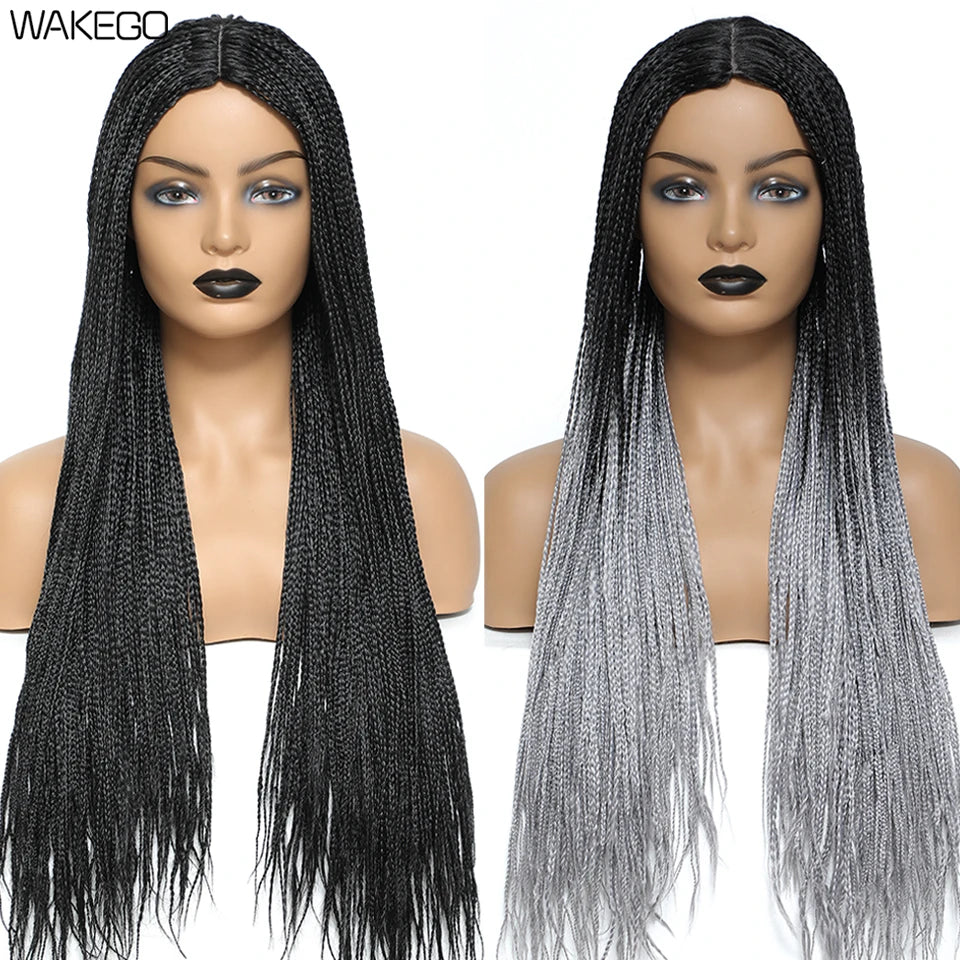Wakego Box Braided Wigs for Black Women 26" Long Braids Wigs Fake Scalp Synthetic Heat Resistant Fiber Micro Braid Wig Daily Use