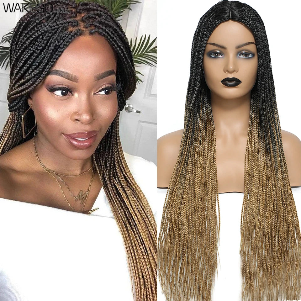 Wakego Box Braided Wigs for Black Women 26" Long Braids Wigs Fake Scalp Synthetic Heat Resistant Fiber Micro Braid Wig Daily Use