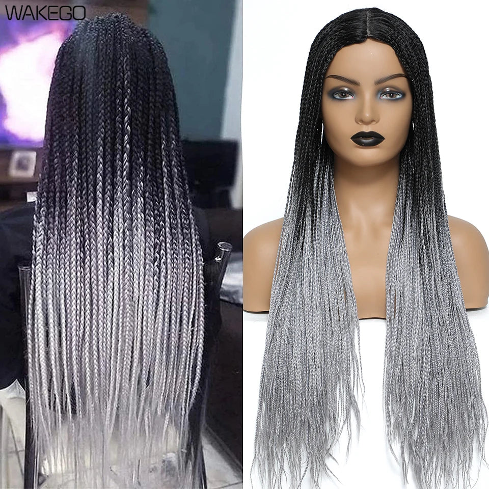 Wakego Box Braided Wigs for Black Women 26" Long Braids Wigs Fake Scalp Synthetic Heat Resistant Fiber Micro Braid Wig Daily Use