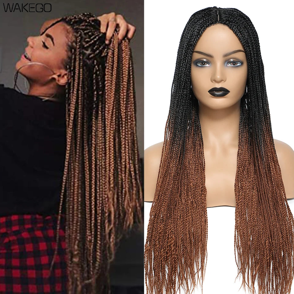 Wakego Box Braided Wigs for Black Women 26" Long Braids Wigs Fake Scalp Synthetic Heat Resistant Fiber Micro Braid Wig Daily Use
