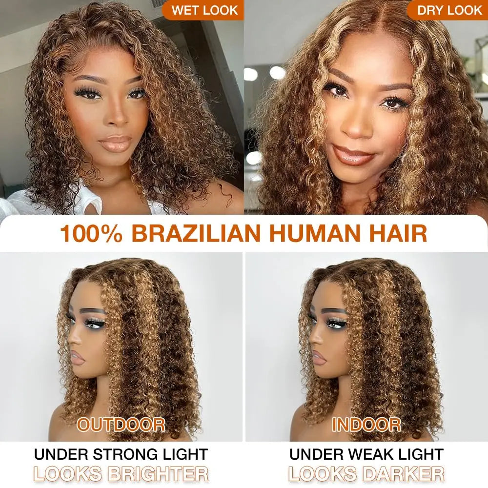 Deep Wave Honey Blonde Glueless Bob Wigs Human Hair Pre Plucked Pre Cut Highlight Wear and Go Curly Wigs Ombre HD Lace Front Wig