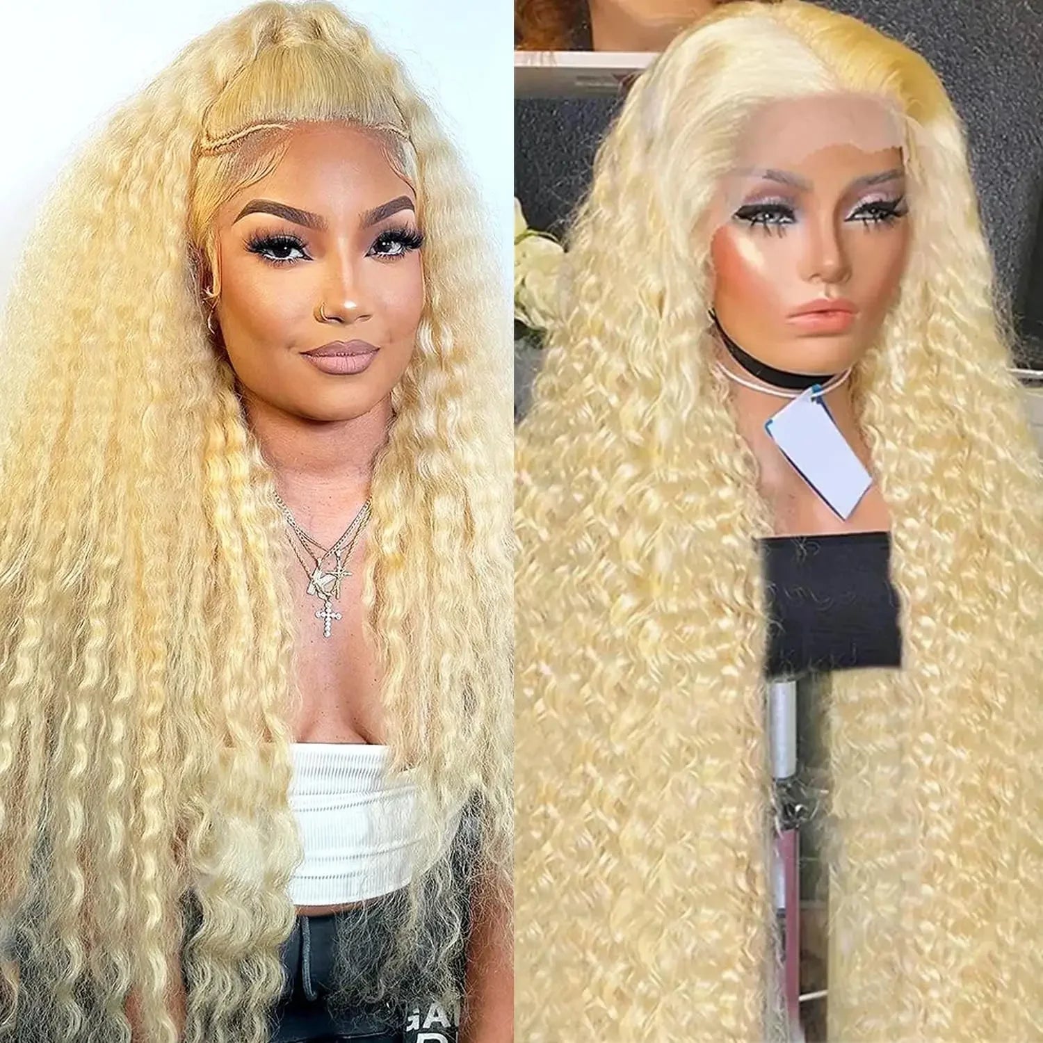 Side-by-side image of woman with long blonde curly hair wig and mannequin head with matching blonde curly wig