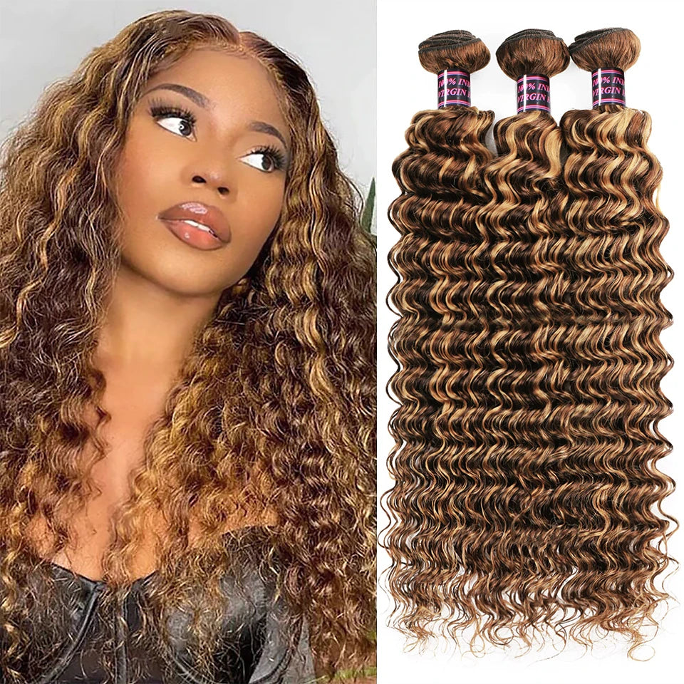 P4/27 Highlight Deep Wave Bundles Ombre Brown Curly Human Hair Bundle 1/3/4 PCS Brazilian Remy Virgin 100% Human Hair Extensions