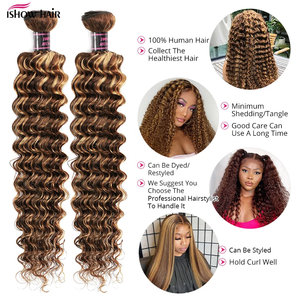 P4/27 Highlight Deep Wave Bundles Ombre Brown Curly Human Hair Bundle 1/3/4 PCS Brazilian Remy Virgin 100% Human Hair Extensions
