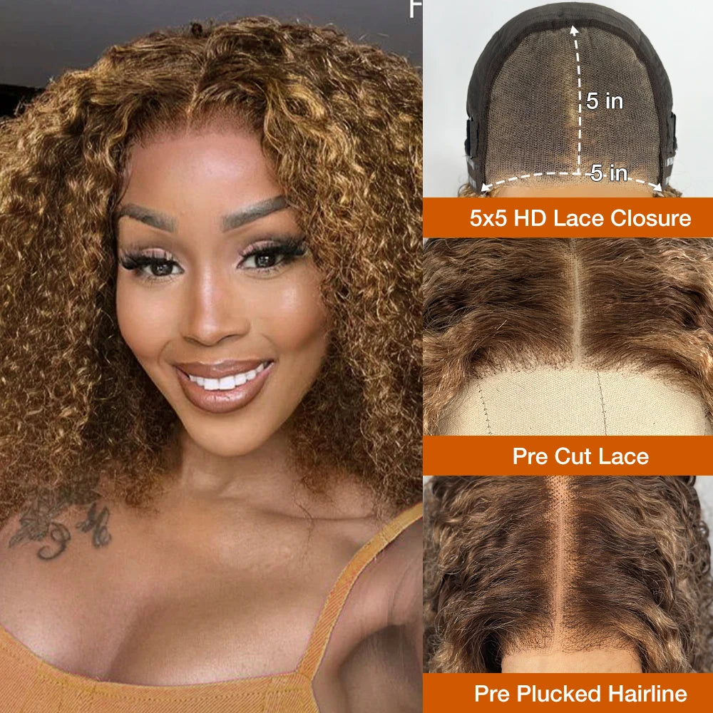 Deep Wave Honey Blonde Glueless Bob Wigs Human Hair Pre Plucked Pre Cut Highlight Wear and Go Curly Wigs Ombre HD Lace Front Wig