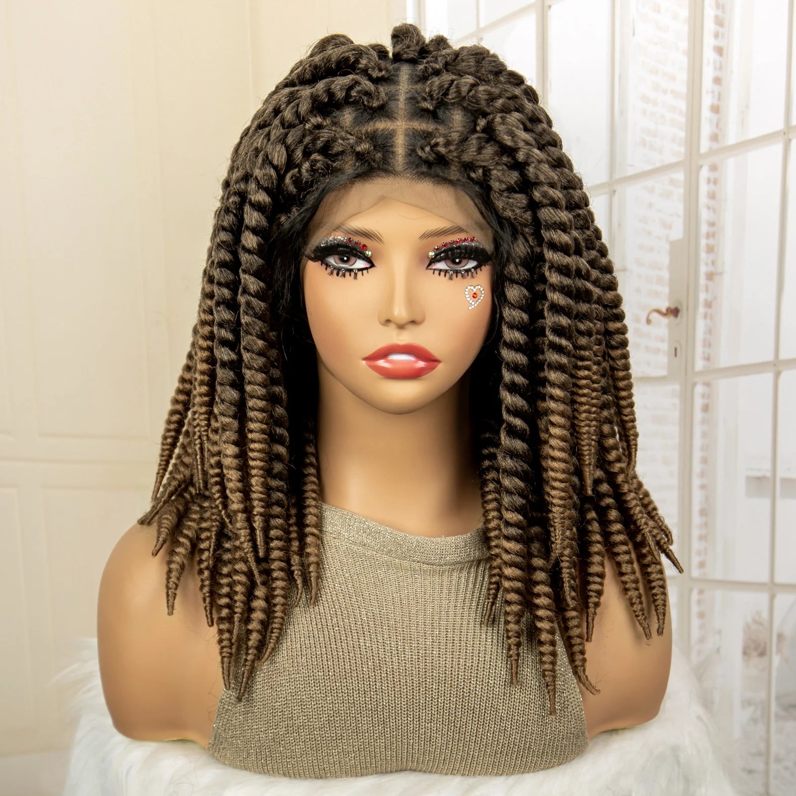 Synthetic Twisted Braided Wigs for Black Women Full Lace Synthetic Braided Wigs Brown Bob Wig Knotless 16 Inch