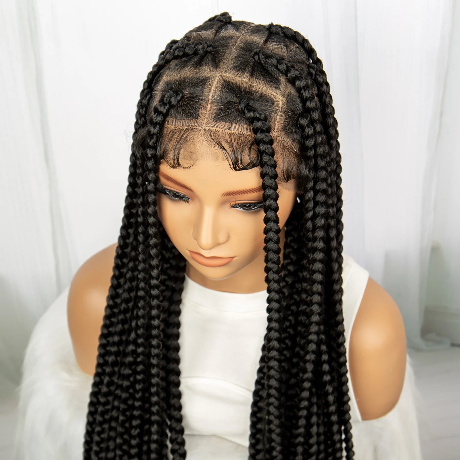 Synthetic Transparent Full Lace Braided Wigs Knotless Box Braids Wig for Black Women 34 inches Synthetic Hair Wig Long Black