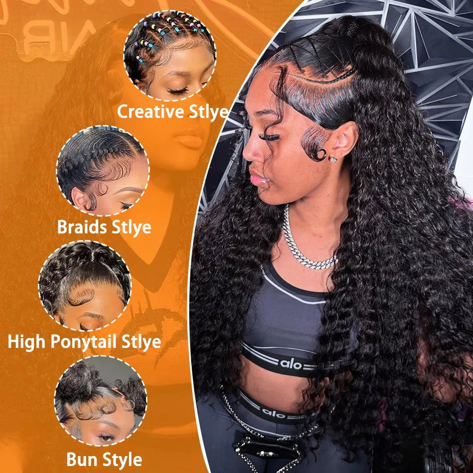 100% Human Hair 13x6 HD Transparent Deep Wave Lace Frontal Wigs 13x4 Water Curly Lace Front Wig 30 40 Inch Kinky Brazilian Black
