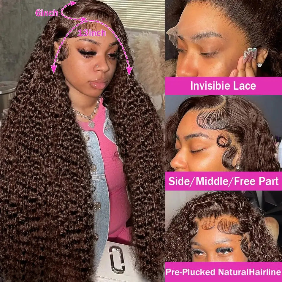 13X4 Chocolate Brown Lace Front Wigs Brazilian 13X6 Hd Lace Frontal Wig 100% Brown Curly Human Hair Pre Plucked Wigs For Women
