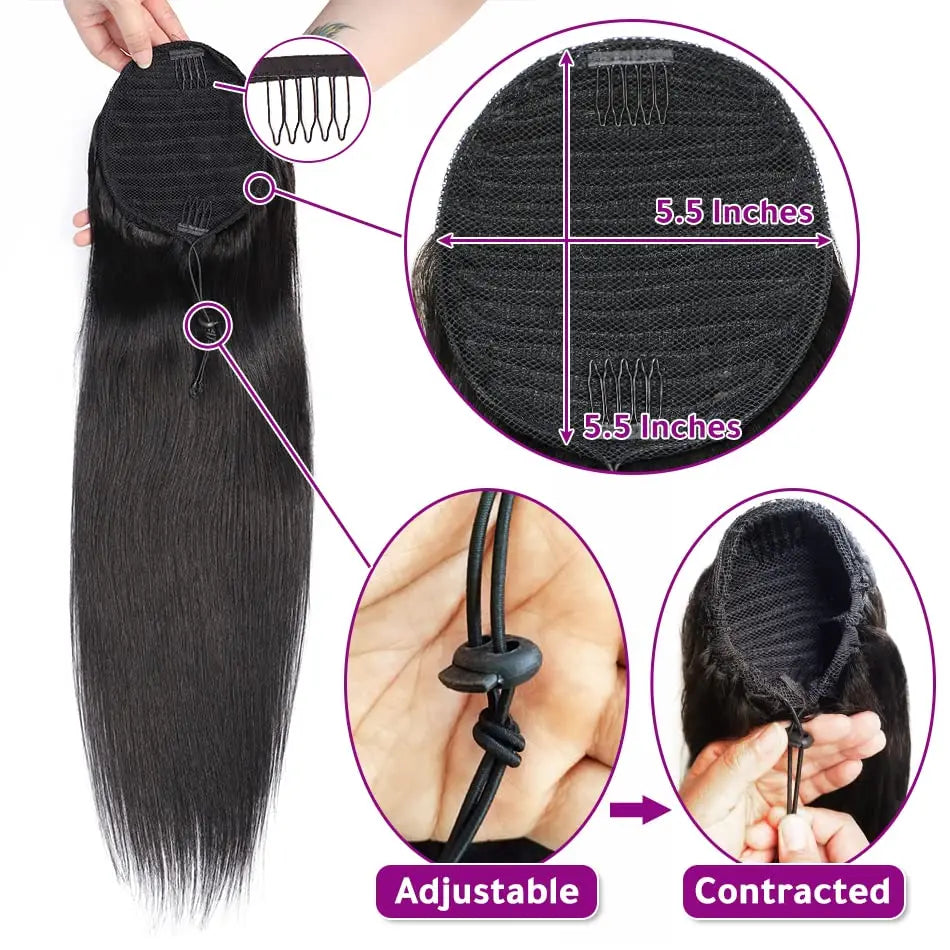 Straight Human Hair Ponytail Drawstring 100% Remy Ponytails Extension for Women Brazilian Long Straight Hair Natural Color #1B