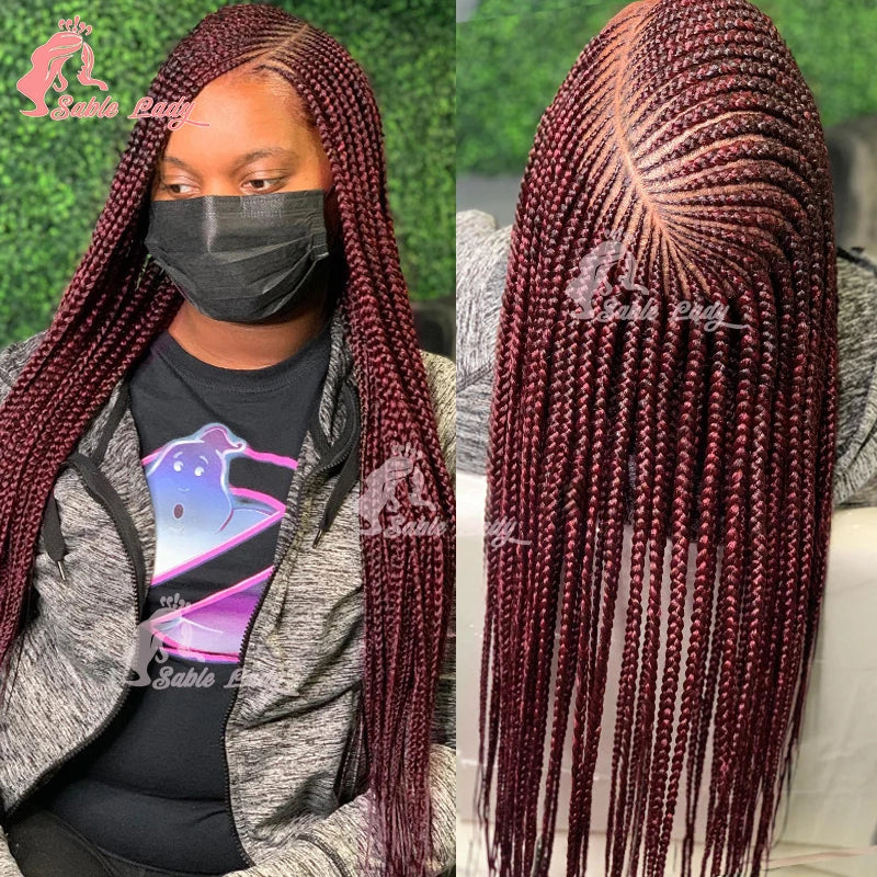 Burgundy Full Lace Braided Wigs for Black Women Synthetic Knotless Cornrow Braided Wigs Godness Side Part Wig Box Braids Wig