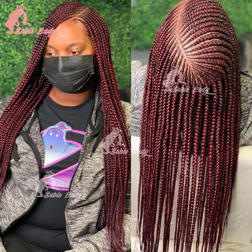 Burgundy Full Lace Braided Wigs for Black Women Synthetic Knotless Cornrow Braided Wigs Godness Side Part Wig Box Braids Wig