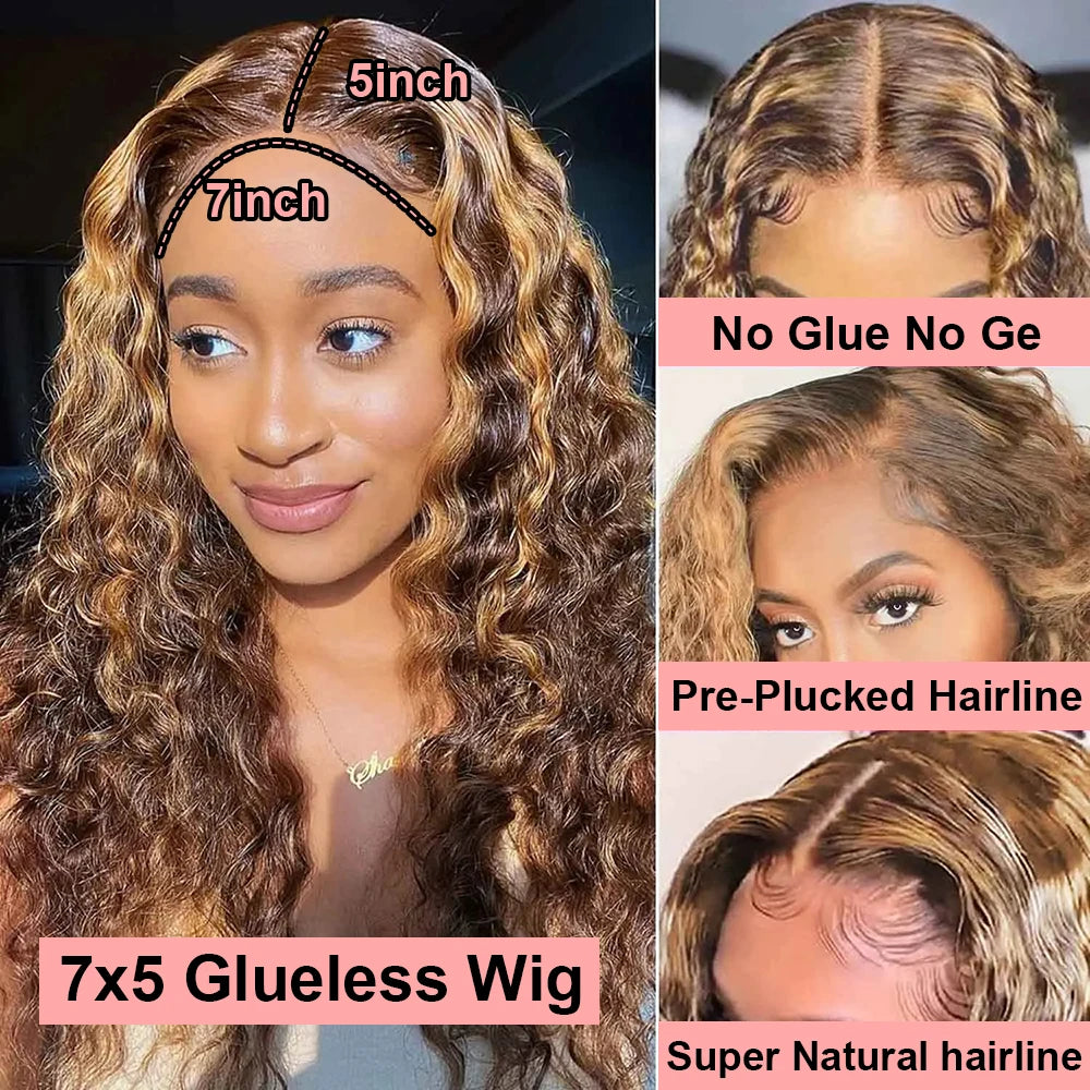4/27 Ombre Curly Highlight Wig Human Hair Preplucked 7x5 Lace Closure Glueless Wigs Human Hair Deep Wave Ready To Wear For Women