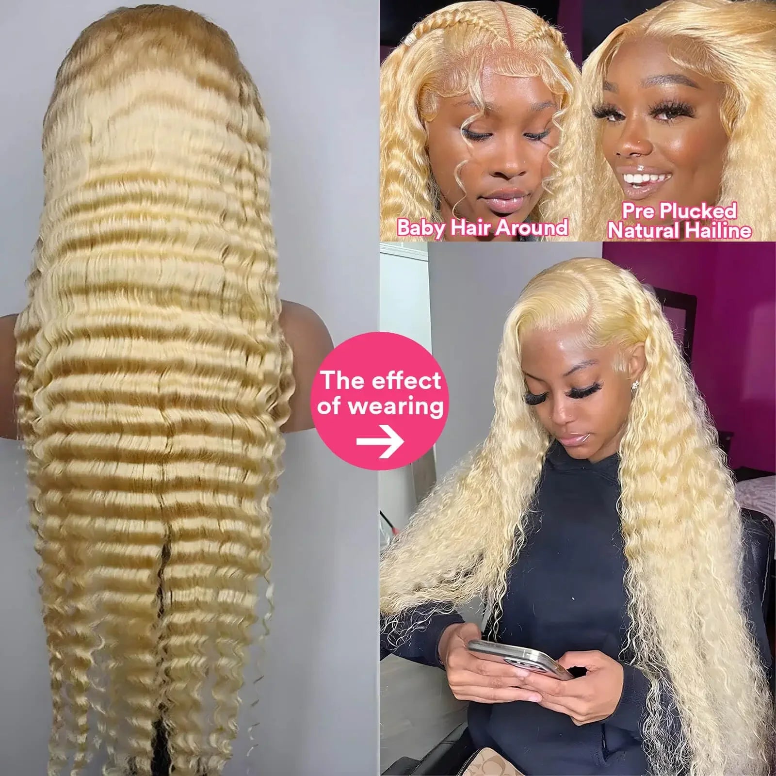 Blonde deep wave wig with pre-plucked natural hairline and baby hair around worn by smiling woman