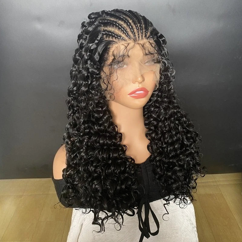 13x6 Lace Braided Synthetic Wig Deep Wave Transparent Lace Frontal With Baby Hair Kinky Curly For Black Women High Quality Wig