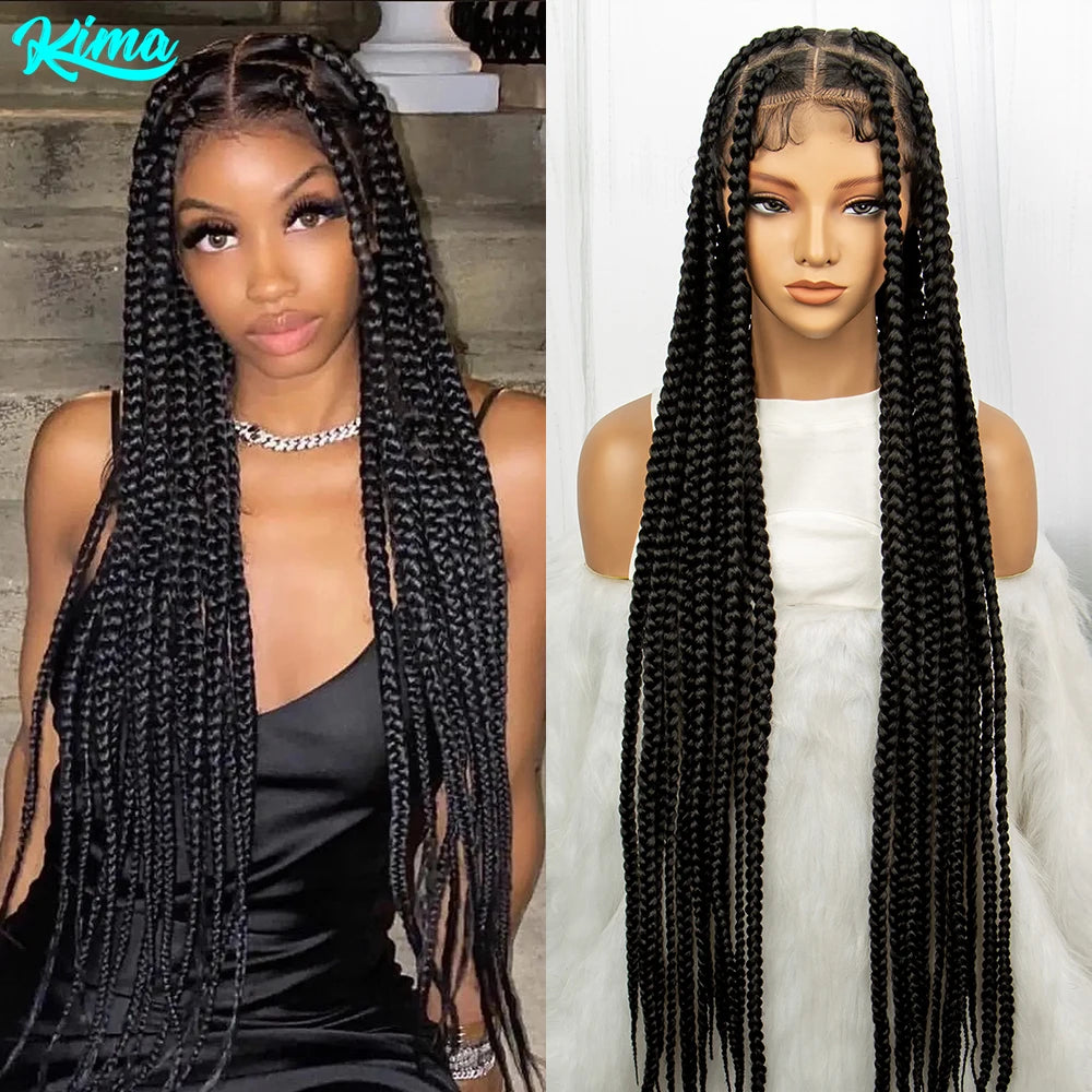 Synthetic Transparent Full Lace Braided Wigs Knotless Box Braids Wig for Black Women 34 inches Synthetic Hair Wig Long Black