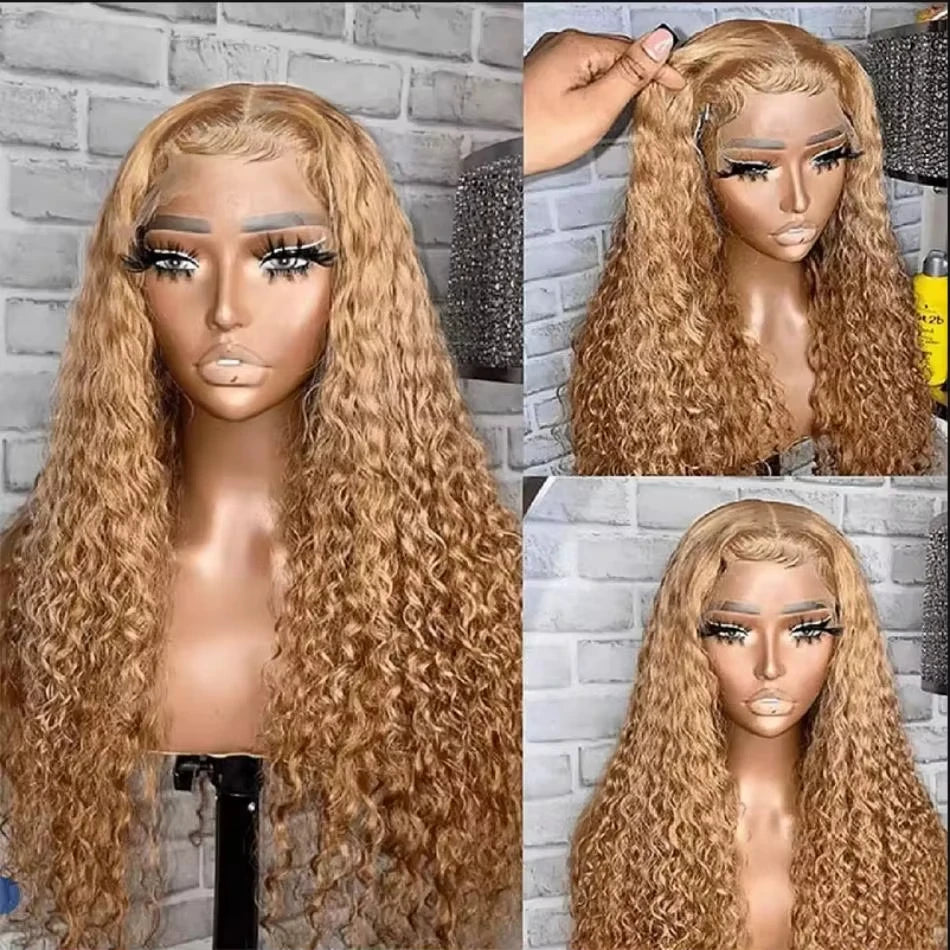 #27 Honey Blonde Human Hair Wig Deep Wave 13x6 hd Lace Frontal Wig Pre Plucked 30 inch Honey Blonde Curly Wig 100% Human Hair