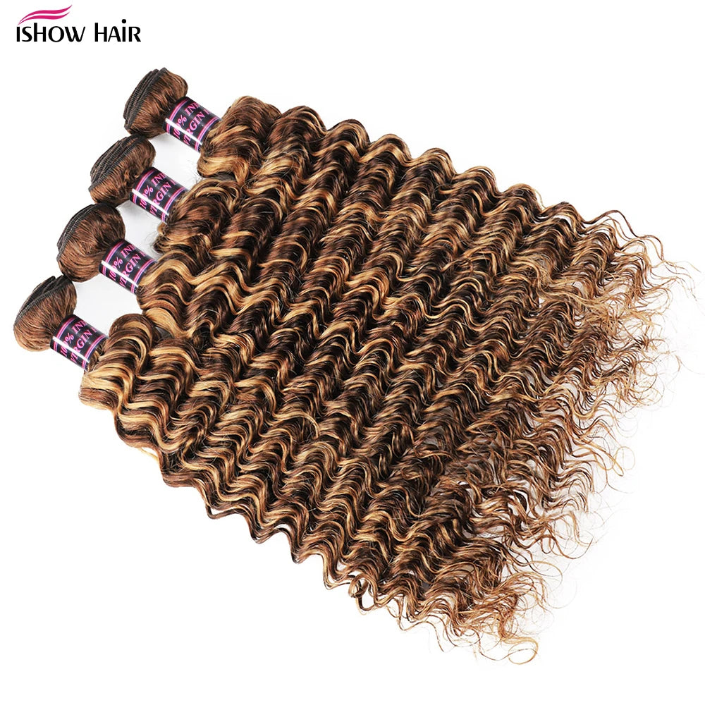 P4/27 Highlight Deep Wave Bundles Ombre Brown Curly Human Hair Bundle 1/3/4 PCS Brazilian Remy Virgin 100% Human Hair Extensions