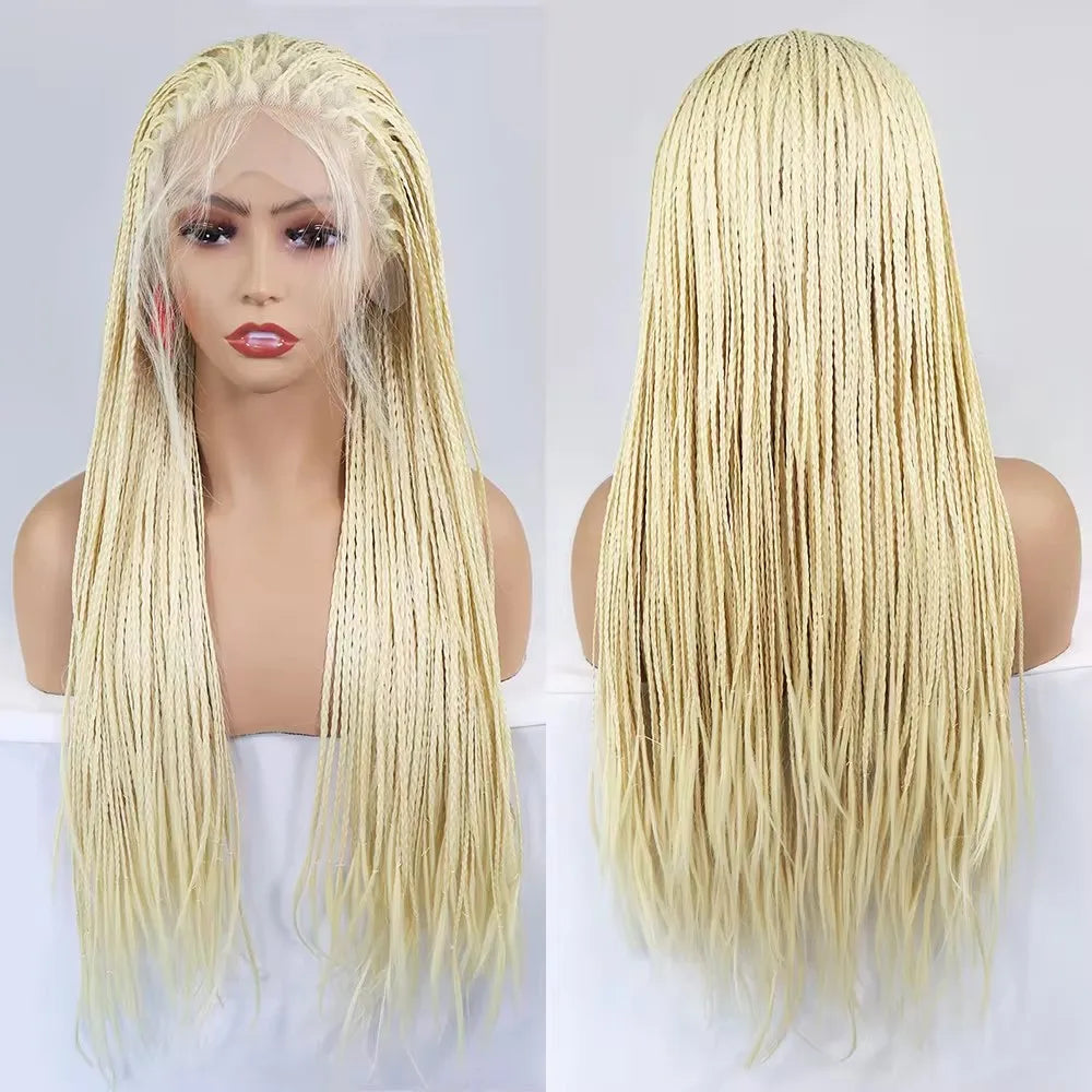 28Inch Pink Highlight Box Braided Wigs for Women Knotless Goddess Box Braid Lace Front Wig Colored Crochet Braid Synthetic Wig
