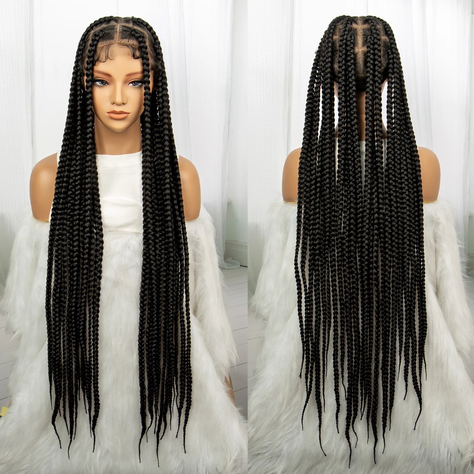 Synthetic Transparent Full Lace Braided Wigs Knotless Box Braids Wig for Black Women 34 inches Synthetic Hair Wig Long Black