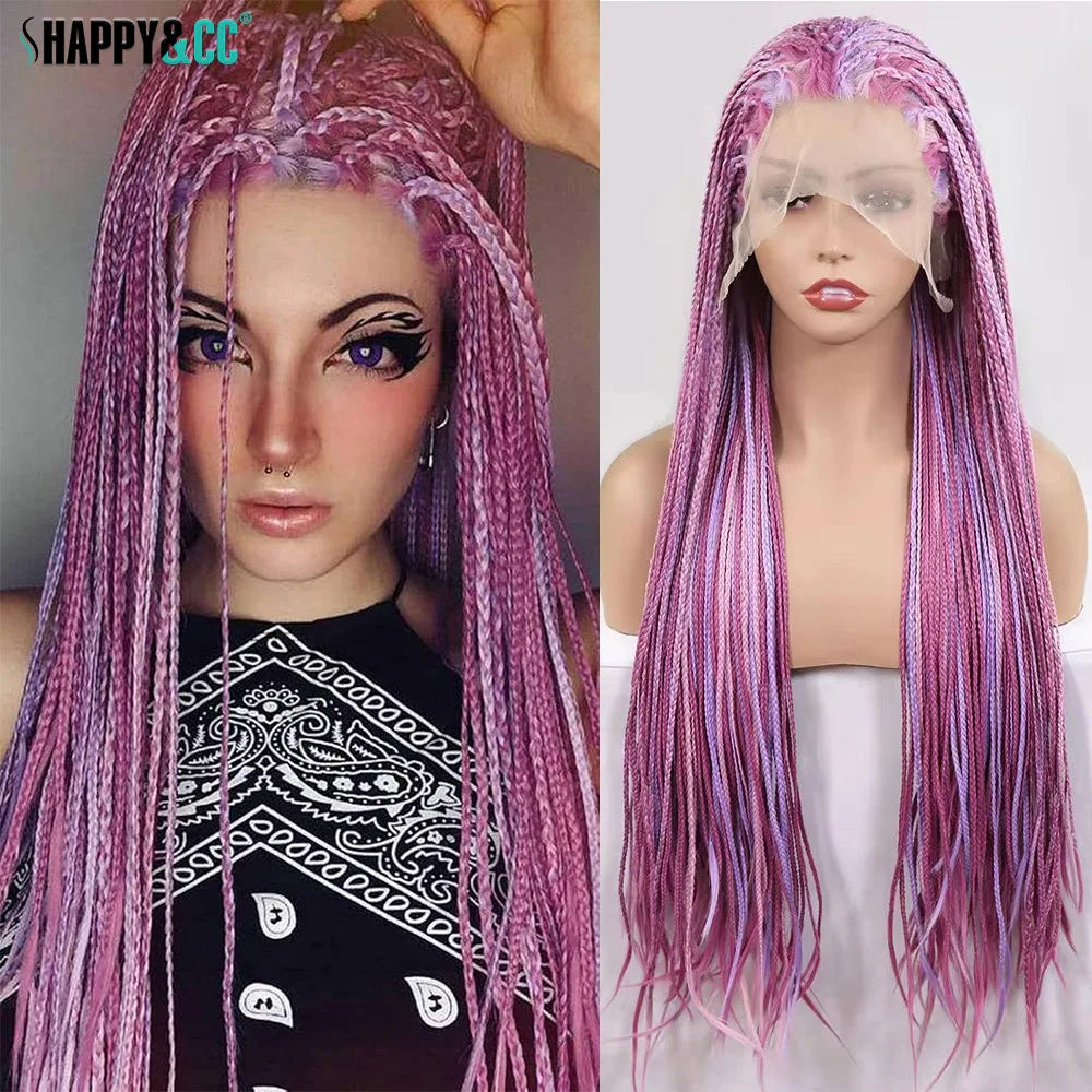 28Inch Pink Highlight Box Braided Wigs for Women Knotless Goddess Box Braid Lace Front Wig Colored Crochet Braid Synthetic Wig