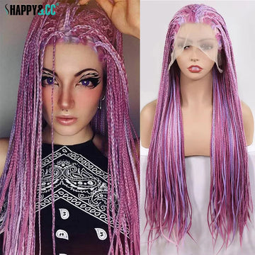 28Inch Pink Highlight Box Braided Wigs for Women Knotless Goddess Box Braid Lace Front Wig Colored Crochet Braid Synthetic Wig