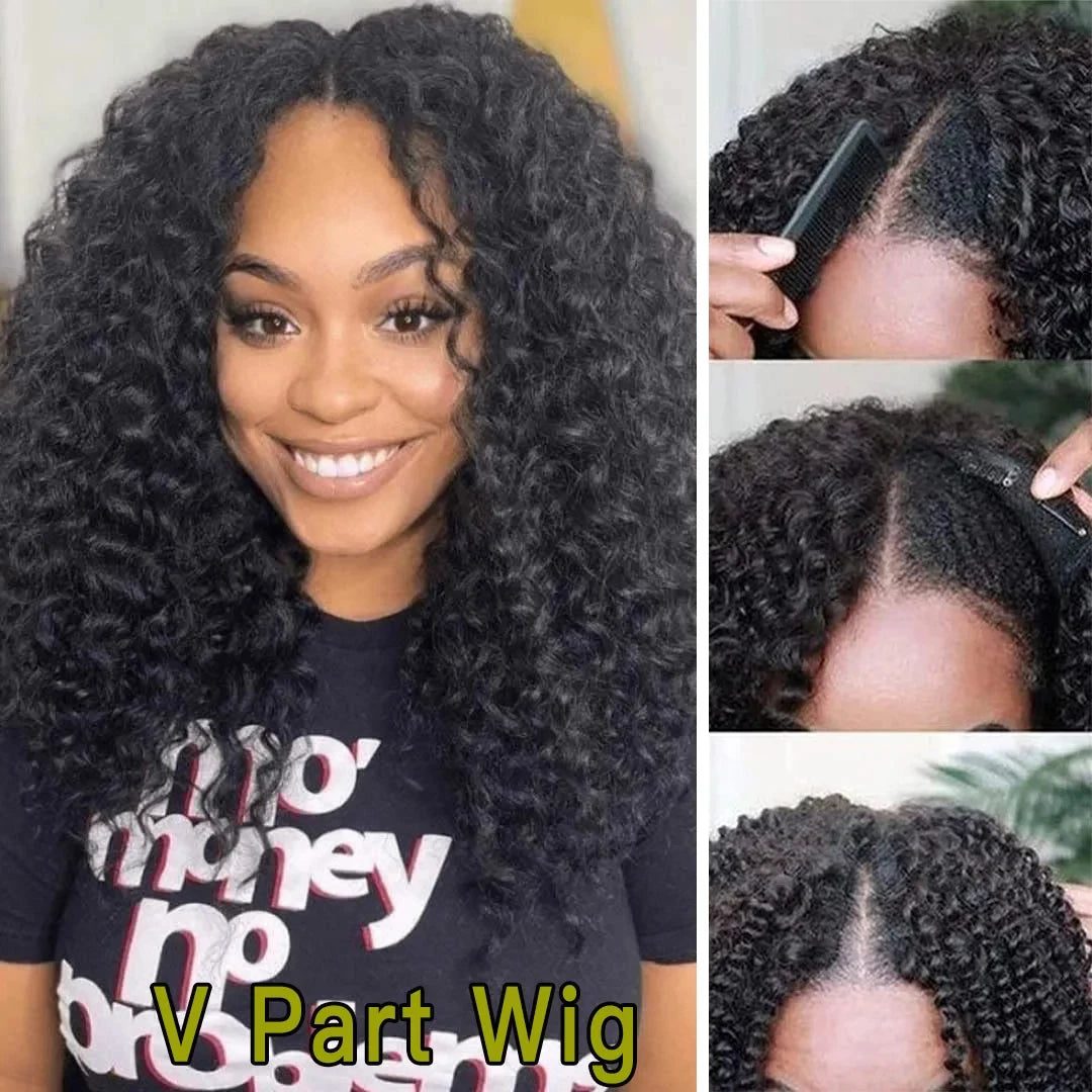 V Part Wig Human Hair Kinky Curly Glueless Wigs Human Hair Afro Pizzazz Wig No Leave Out For Black Brazilian hair wigs 40 inch
