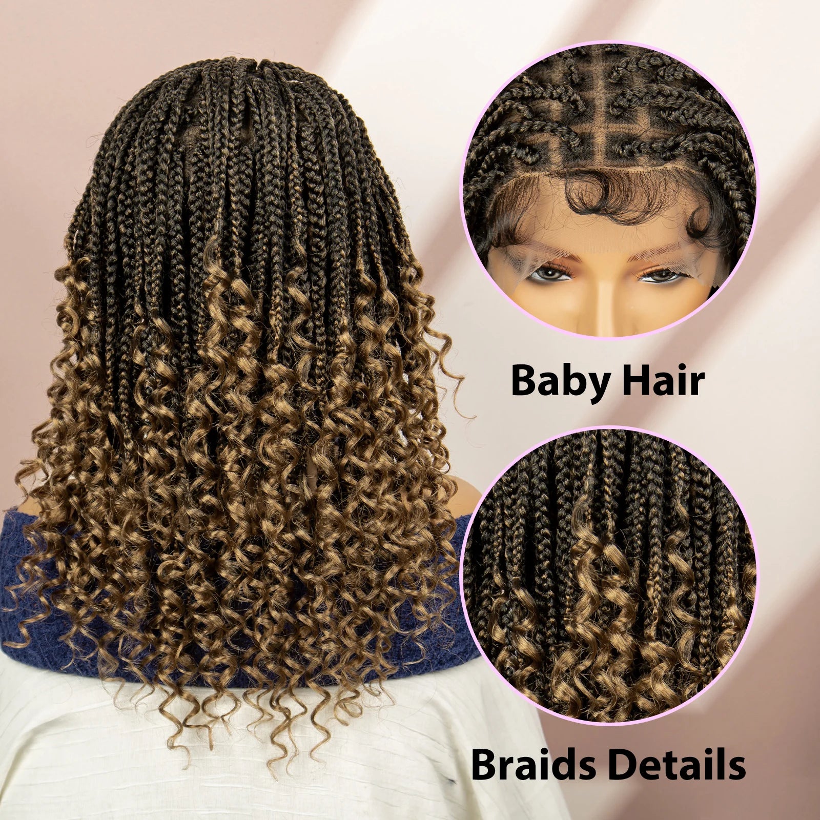 16 Inches Short Box Braided Full Lace Wigs for Black Women Brown Box Braiding Hair Wigs African Braids Lace Wigs Curly Ends Wig
