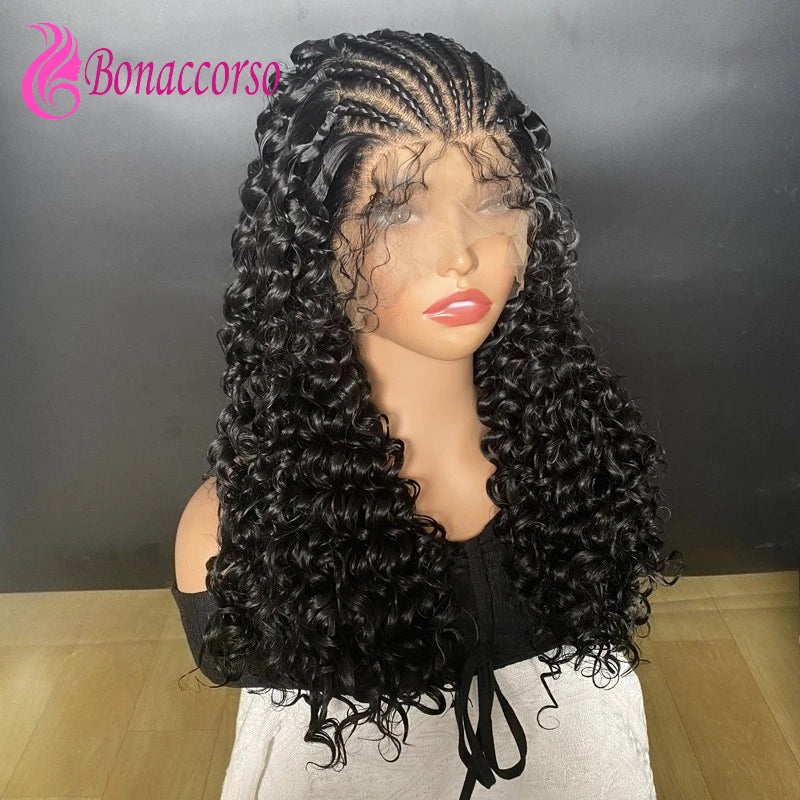 13x6 Lace Braided Synthetic Wig Deep Wave Transparent Lace Frontal With Baby Hair Kinky Curly For Black Women High Quality Wig
