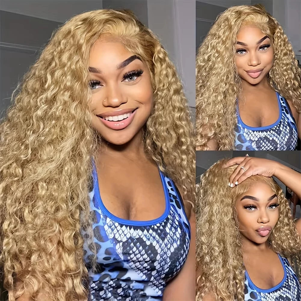 #27 Honey Blonde Human Hair Wig Deep Wave 13x6 hd Lace Frontal Wig Pre Plucked 30 inch Honey Blonde Curly Wig 100% Human Hair
