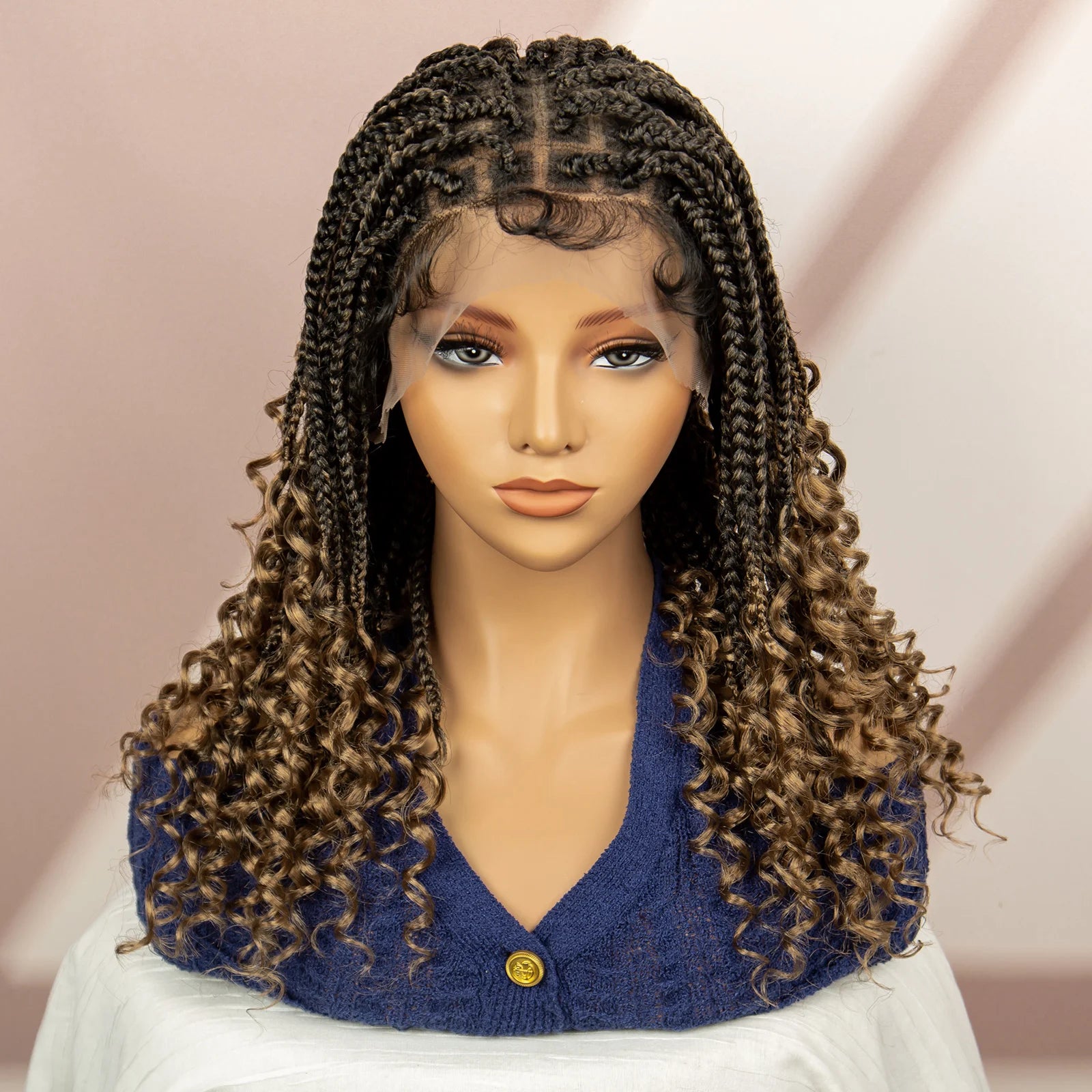 16 Inches Short Box Braided Full Lace Wigs for Black Women Brown Box Braiding Hair Wigs African Braids Lace Wigs Curly Ends Wig