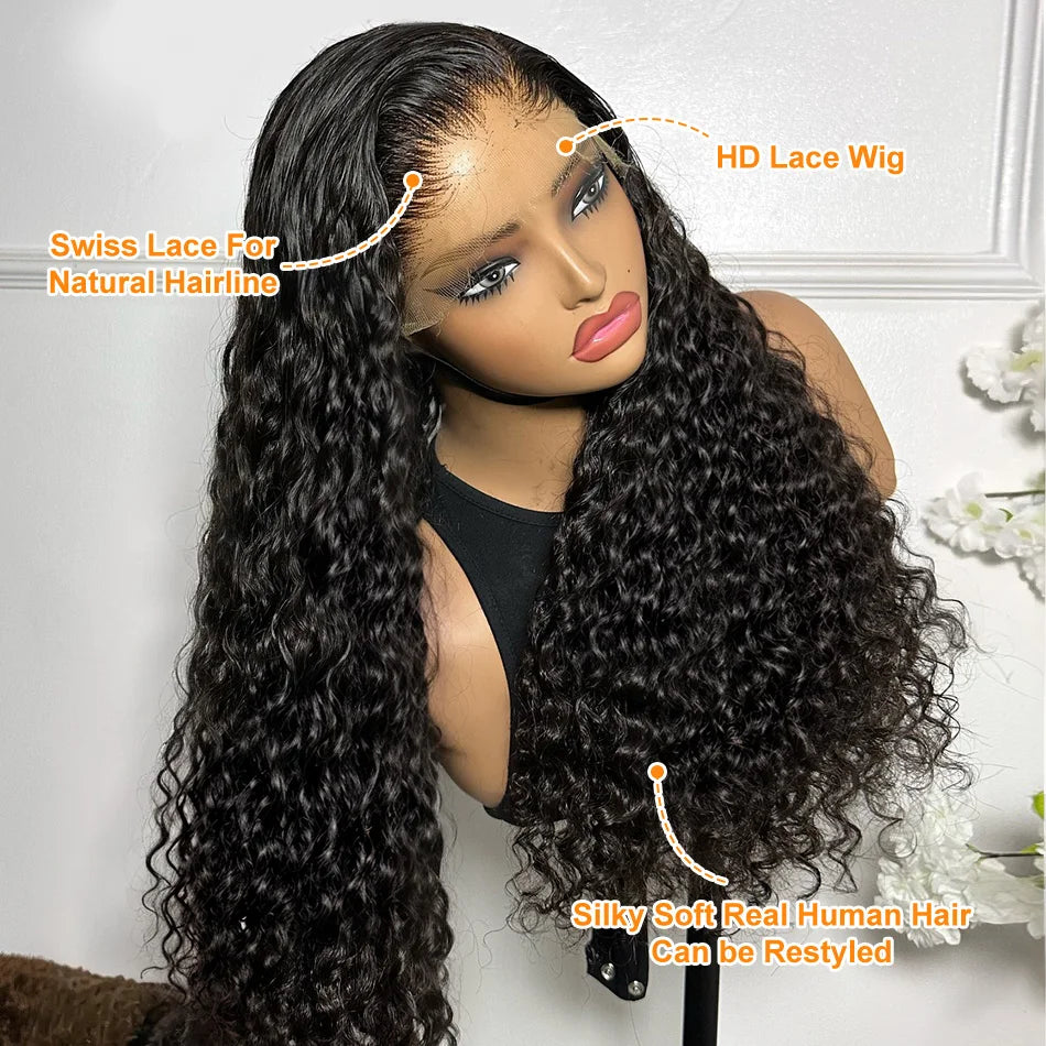 100% Human Hair 13x6 HD Transparent Deep Wave Lace Frontal Wigs 13x4 Water Curly Lace Front Wig 30 40 Inch Kinky Brazilian Black