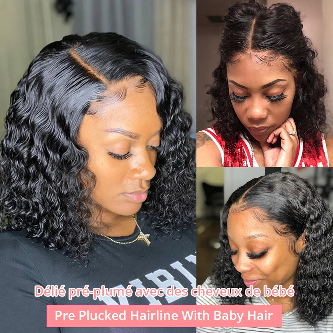 250 Density Water Curly Short Bob Wig Glueless Human Hair Brazilian Deep Wave 13x4 13x6 HD Lace Frontal Human Hair Wig For Women