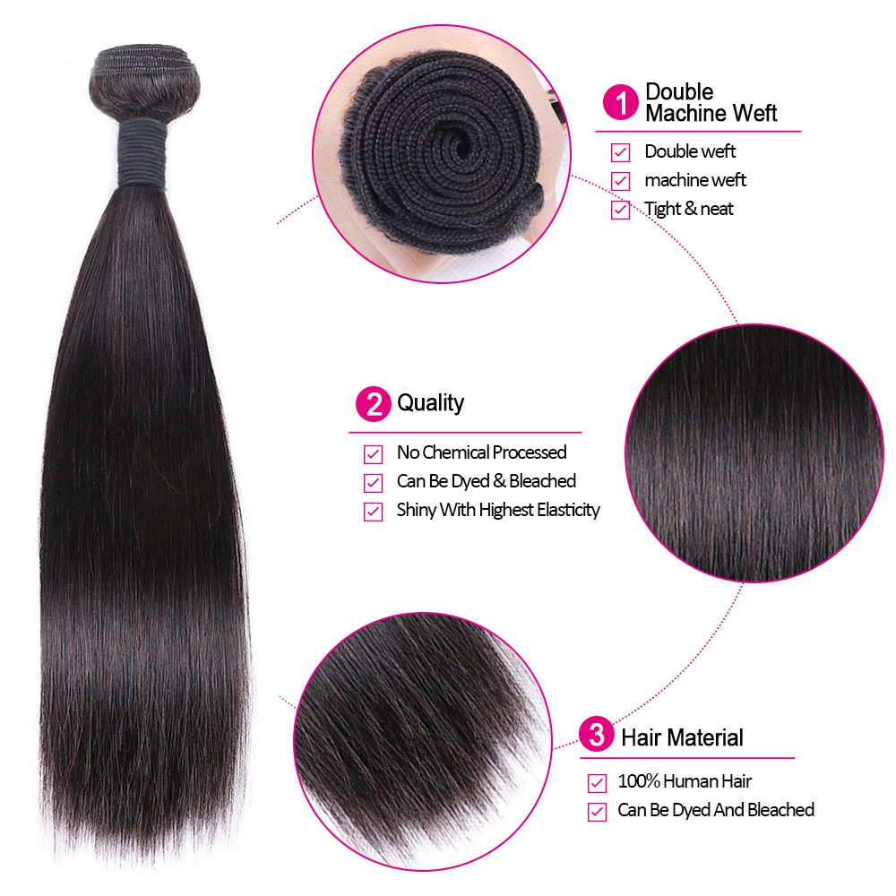 Natural Color Brazilian Human Hair Straight Bundles 10-40 Inches 1/3/4 Bundle Remy Human Hair Extensions Double Weft Braiding