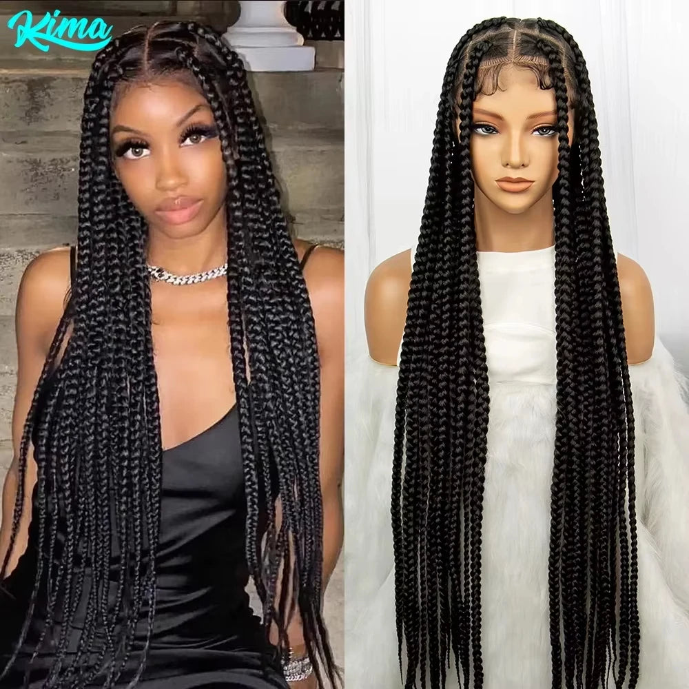 Synthetic Transparent Full Lace Braided Wigs Knotless Box Braids Wig for Black Women 34 inches Synthetic Hair Wig Long Black