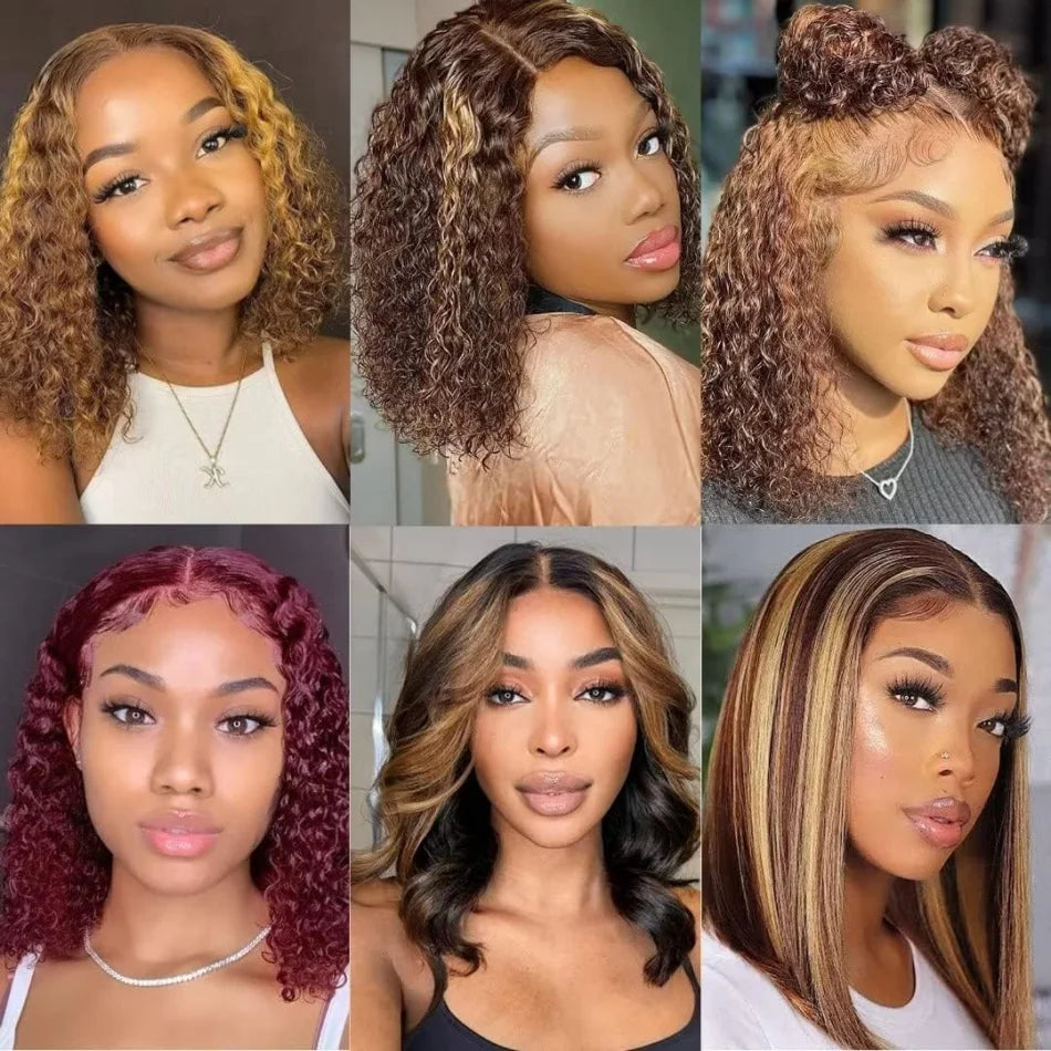 Bob Wig Human Hair 100% Highlight Ombre 5X5 Hd Lace Closure Wig Curly Short Honey Blonde Colored Glueless Deep Wave Frontal Wigs