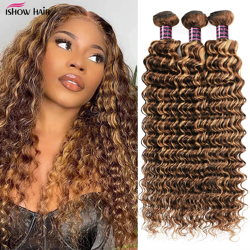 P4/27 Highlight Deep Wave Bundles Ombre Brown Curly Human Hair Bundle 1/3/4 PCS Brazilian Remy Virgin 100% Human Hair Extensions