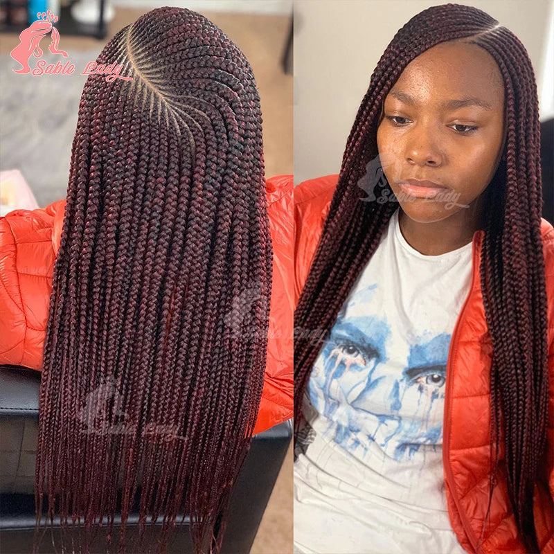 Burgundy Full Lace Braided Wigs for Black Women Synthetic Knotless Cornrow Braided Wigs Godness Side Part Wig Box Braids Wig