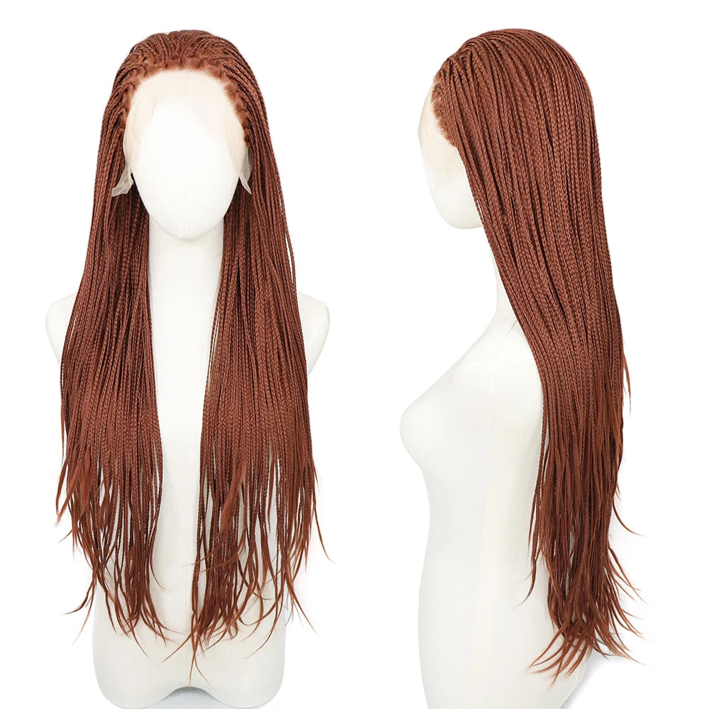 28Inch Pink Highlight Box Braided Wigs for Women Knotless Goddess Box Braid Lace Front Wig Colored Crochet Braid Synthetic Wig