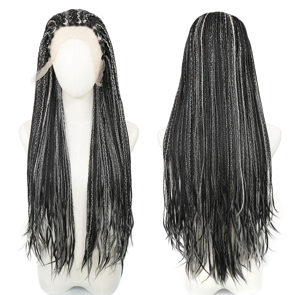 28Inch Pink Highlight Box Braided Wigs for Women Knotless Goddess Box Braid Lace Front Wig Colored Crochet Braid Synthetic Wig