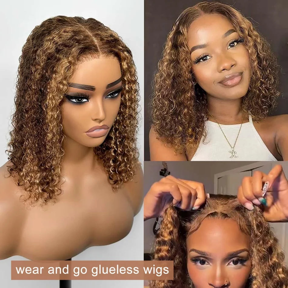 Bob Wig Human Hair 100% Highlight Ombre 5X5 Hd Lace Closure Wig Curly Short Honey Blonde Colored Glueless Deep Wave Frontal Wigs
