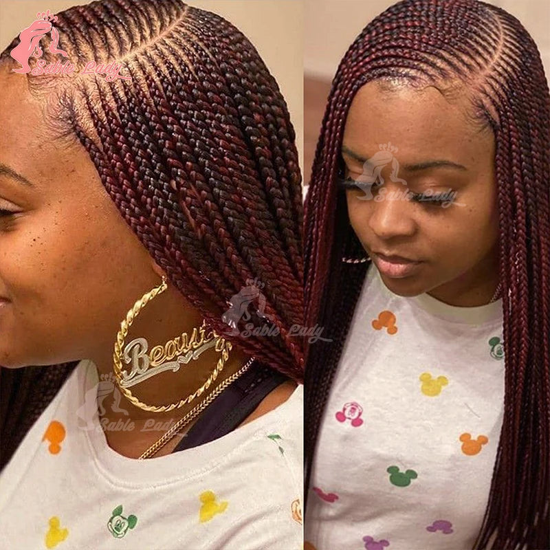 Burgundy Full Lace Braided Wigs for Black Women Synthetic Knotless Cornrow Braided Wigs Godness Side Part Wig Box Braids Wig