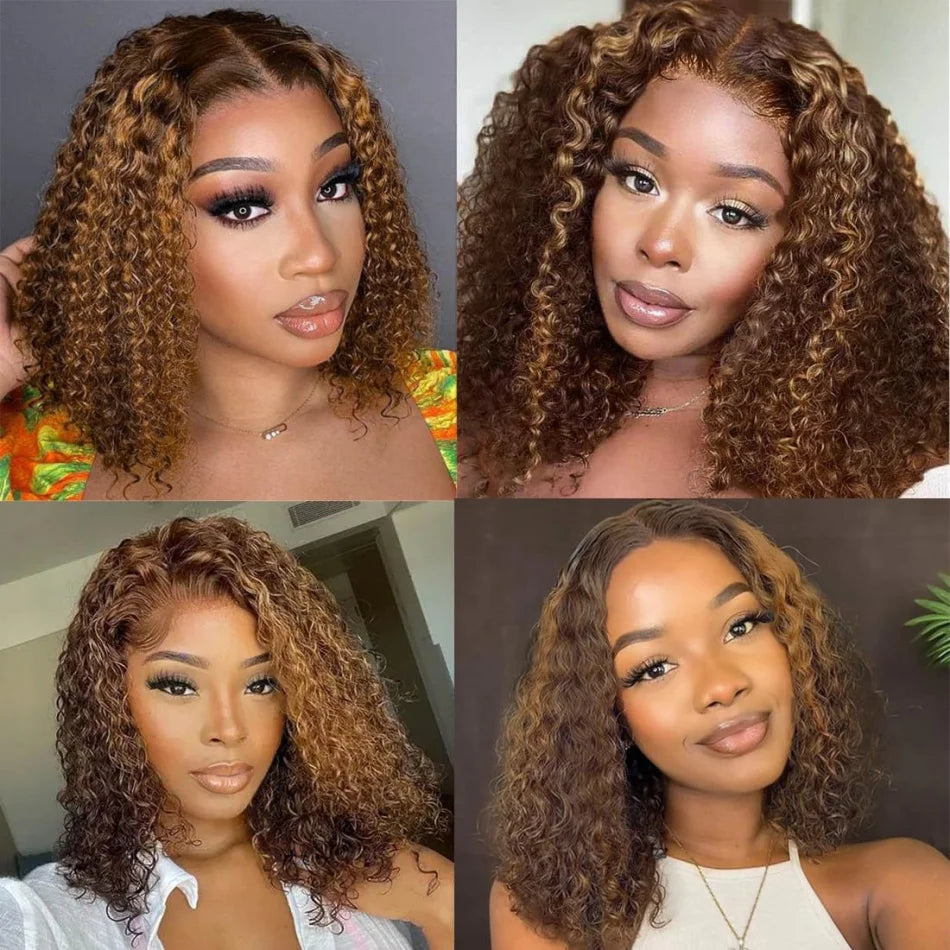 Bob Wig Human Hair 100% Highlight Ombre 5X5 Hd Lace Closure Wig Curly Short Honey Blonde Colored Glueless Deep Wave Frontal Wigs