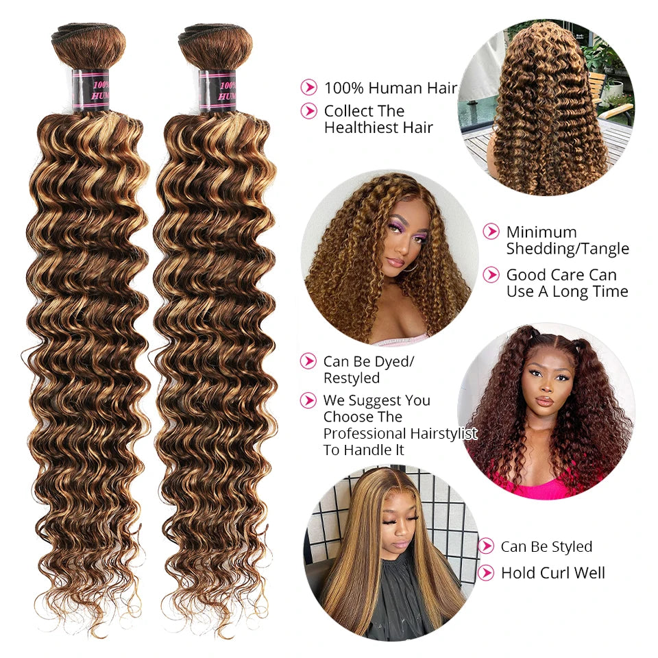 P4/27 Highlight Deep Wave Bundles Ombre Brown Curly Human Hair Bundle 1/3/4 PCS Brazilian Remy Virgin 100% Human Hair Extensions